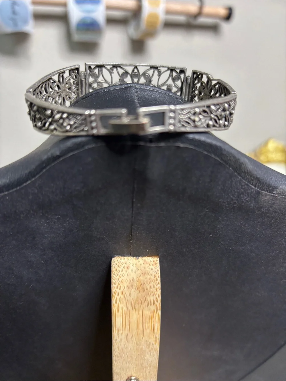 Vintage Panel Dainty Black Marcasite Floral Link Bracelet
